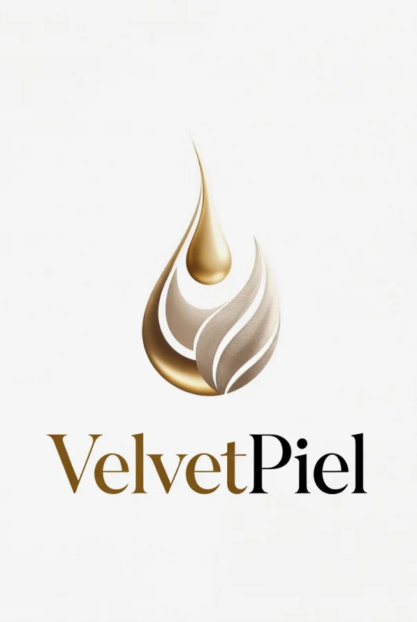 Logo de VelvetPiel con gota dorada sobre fondo blanco